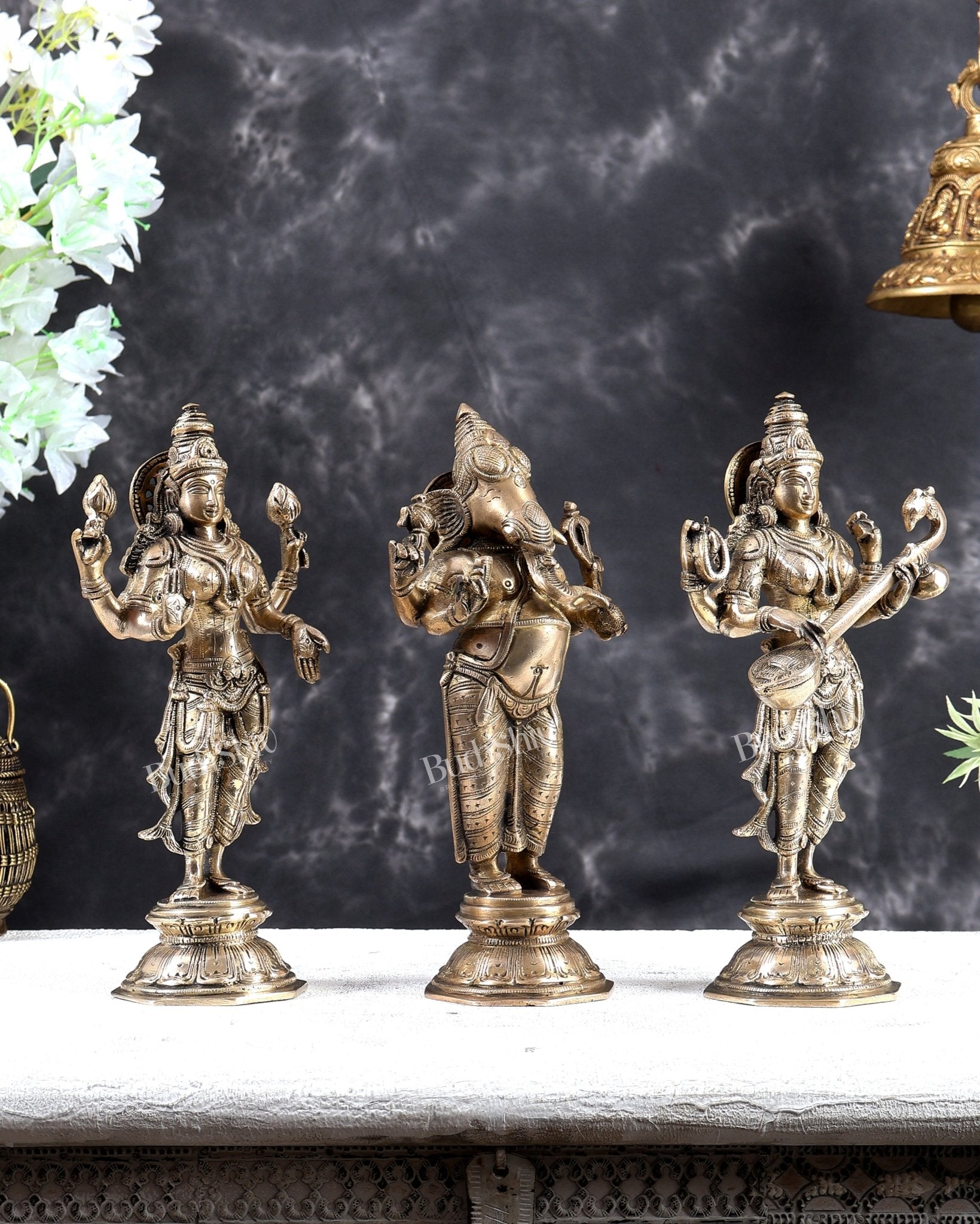 Brass Standing Ganesh Lakshmi Saraswati Idol Set 10" Matte gold - Budhshiv.com
