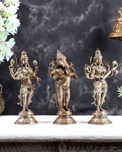 Brass Standing Ganesh Lakshmi Saraswati Idol Set 10" Matte gold - Budhshiv.com