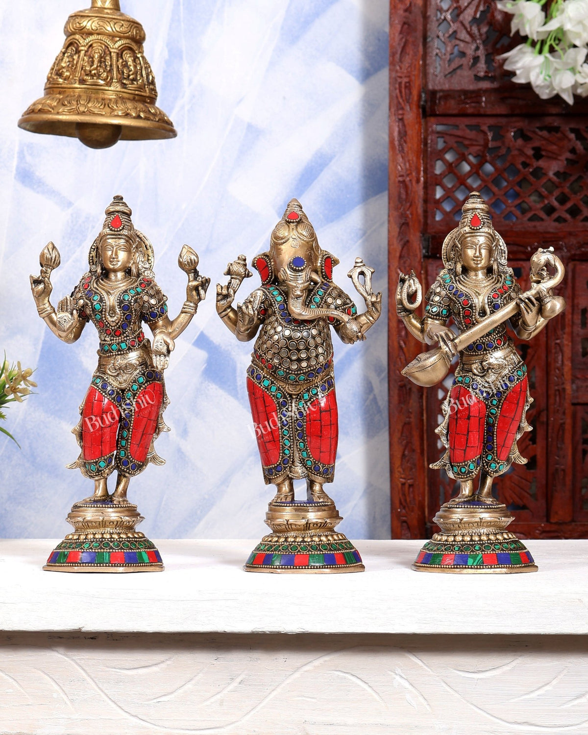 Brass Standing Ganesh Lakshmi Saraswati Idol Set 10" stonework - Budhshiv.com