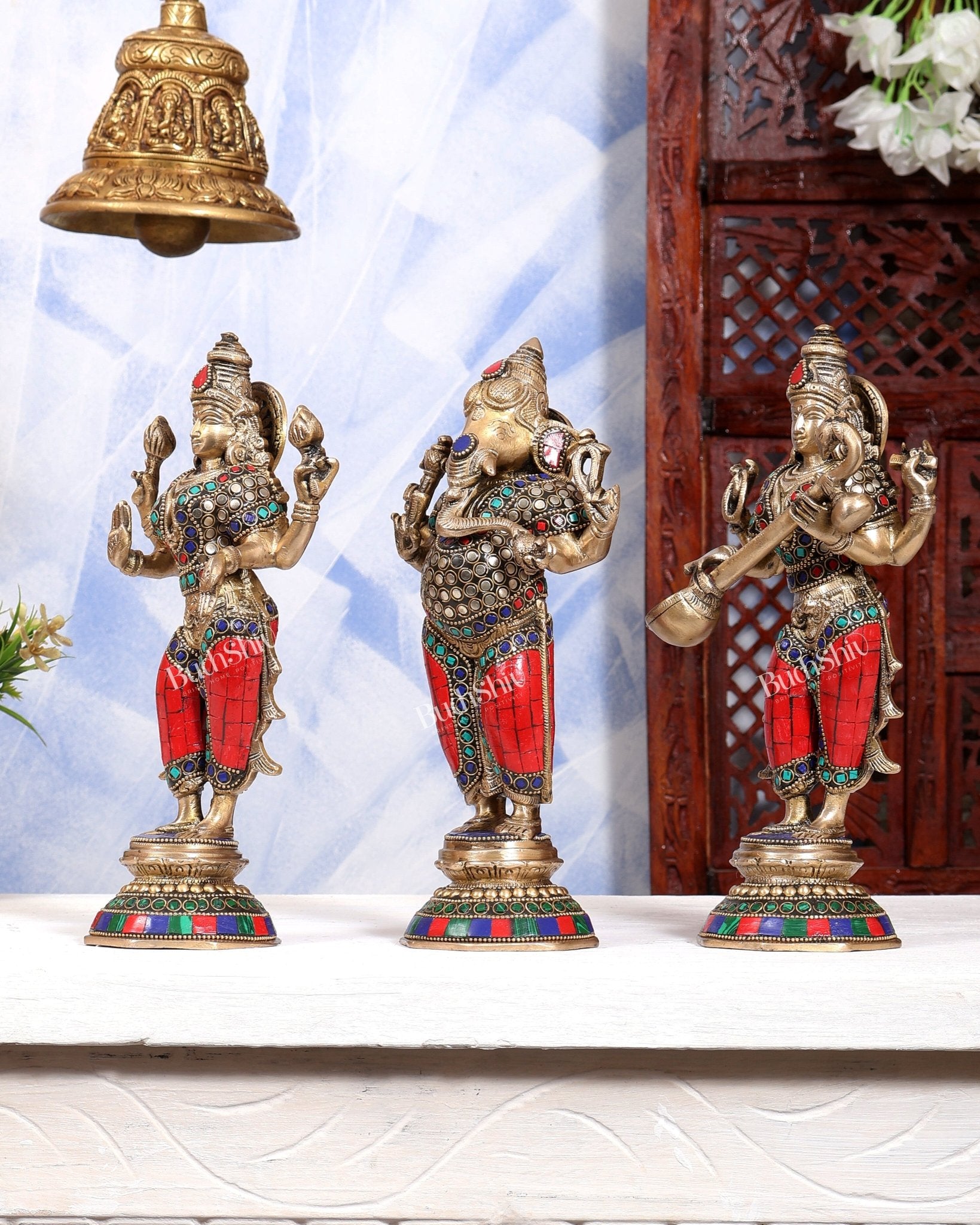 Brass Standing Ganesh Lakshmi Saraswati Idol Set 10" stonework - Budhshiv.com