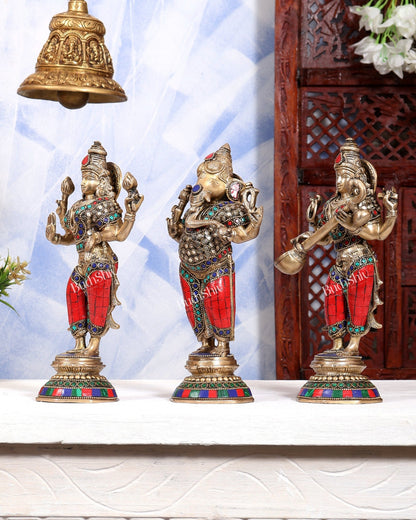 Brass Standing Ganesh Lakshmi Saraswati Idol Set 10" stonework - Budhshiv.com