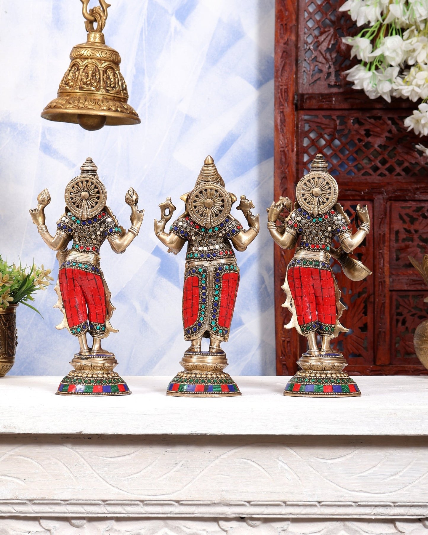 Brass Standing Ganesh Lakshmi Saraswati Idol Set 10" stonework - Budhshiv.com