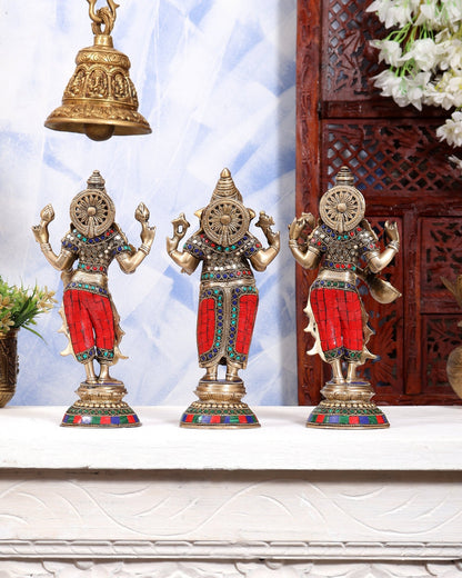 Brass Standing Ganesh Lakshmi Saraswati Idol Set 10" stonework - Budhshiv.com