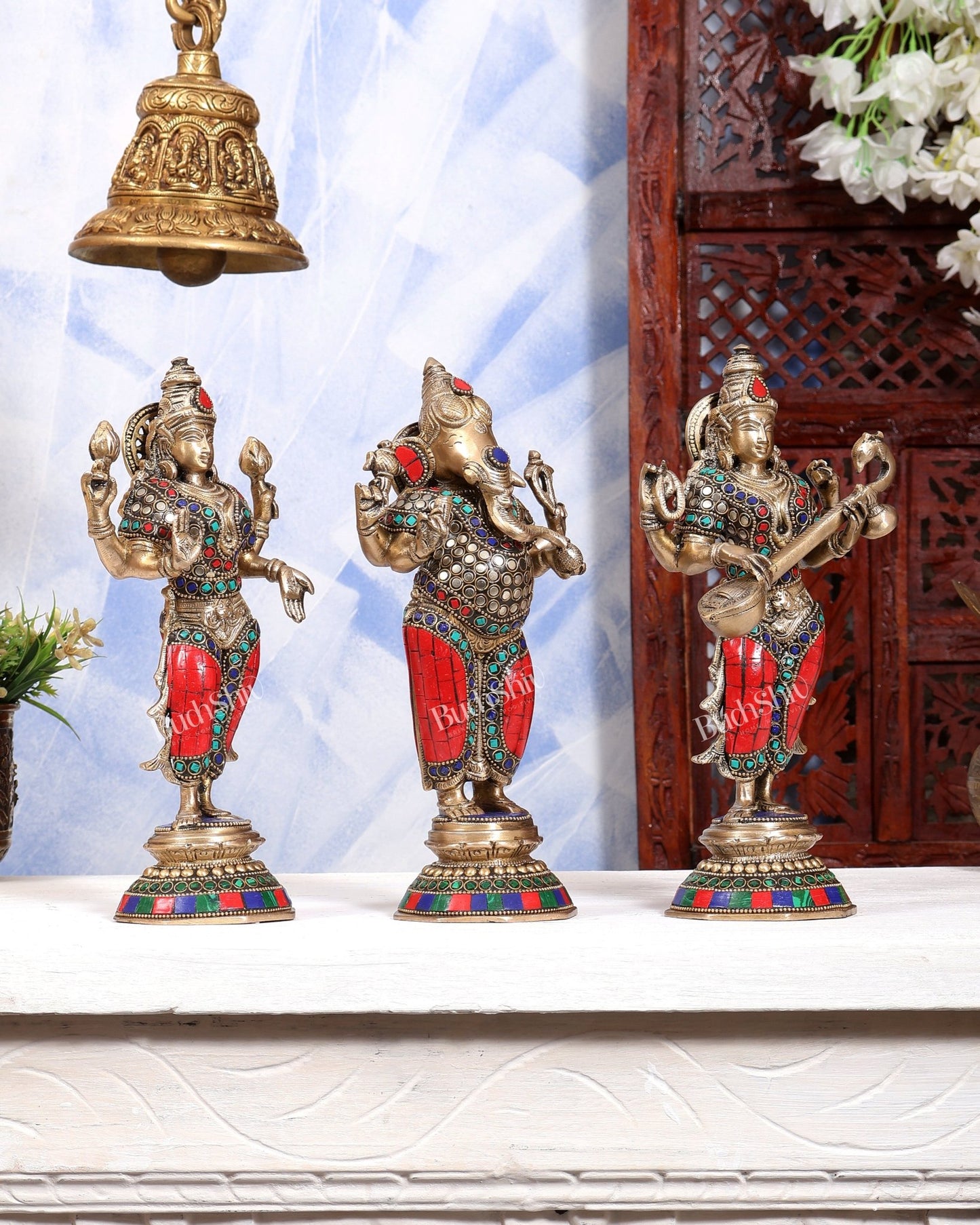Brass Standing Ganesh Lakshmi Saraswati Idol Set 10" stonework - Budhshiv.com