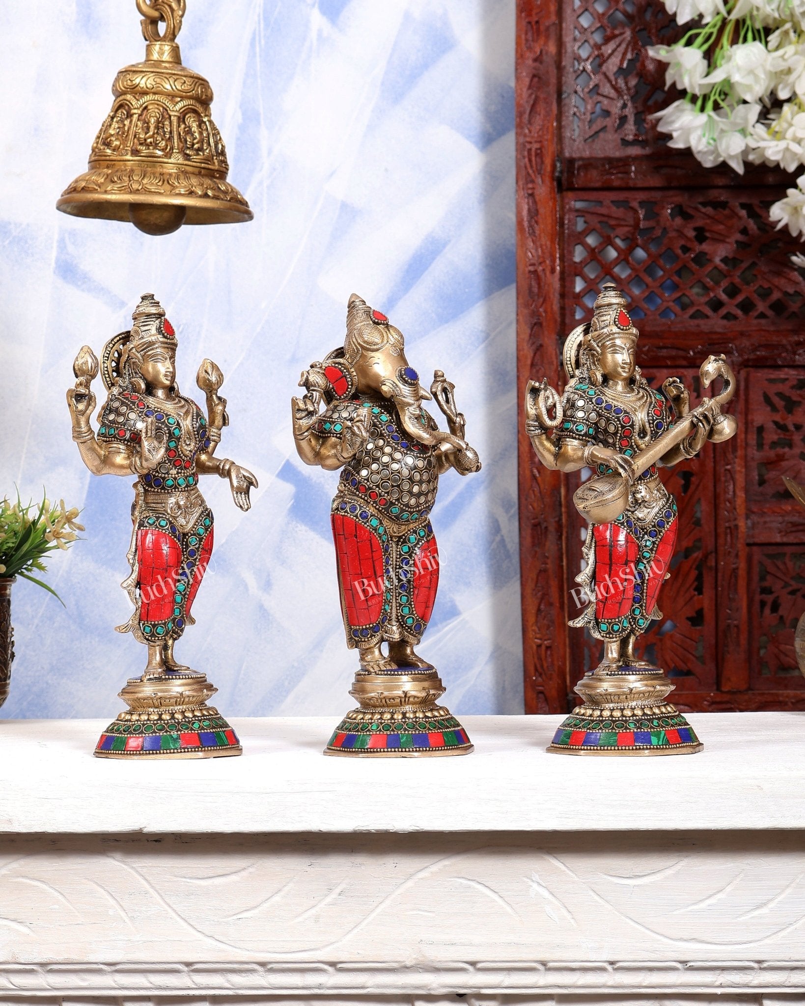 Brass Standing Ganesh Lakshmi Saraswati Idol Set 10" stonework - Budhshiv.com