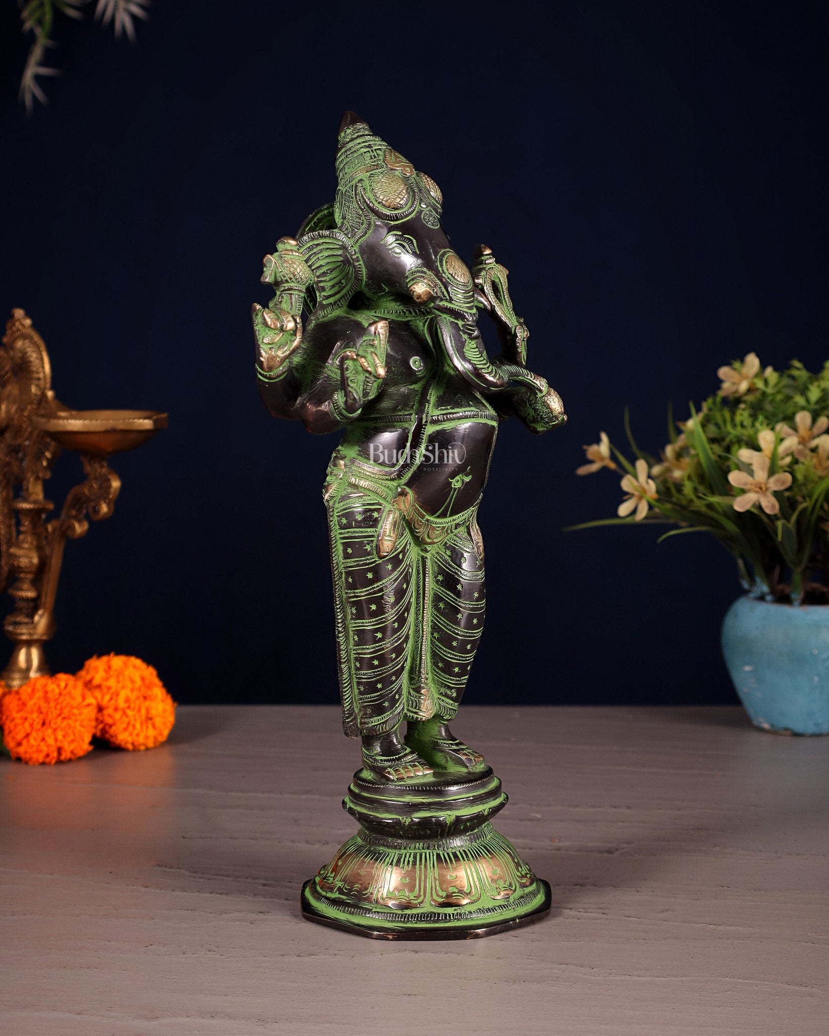 Brass Standing Ganesha Idol 10" black and green - Budhshiv.com