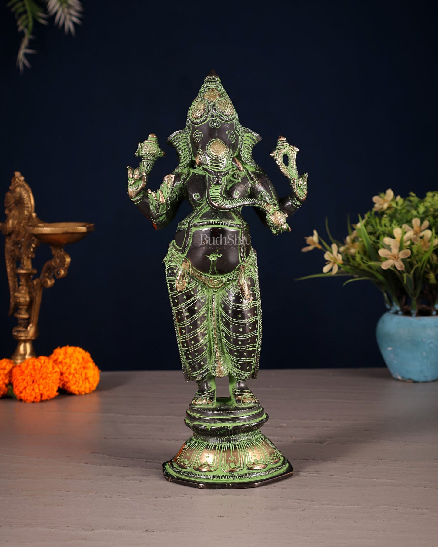 Brass Standing Ganesha Idol 10" black and green - Budhshiv.com