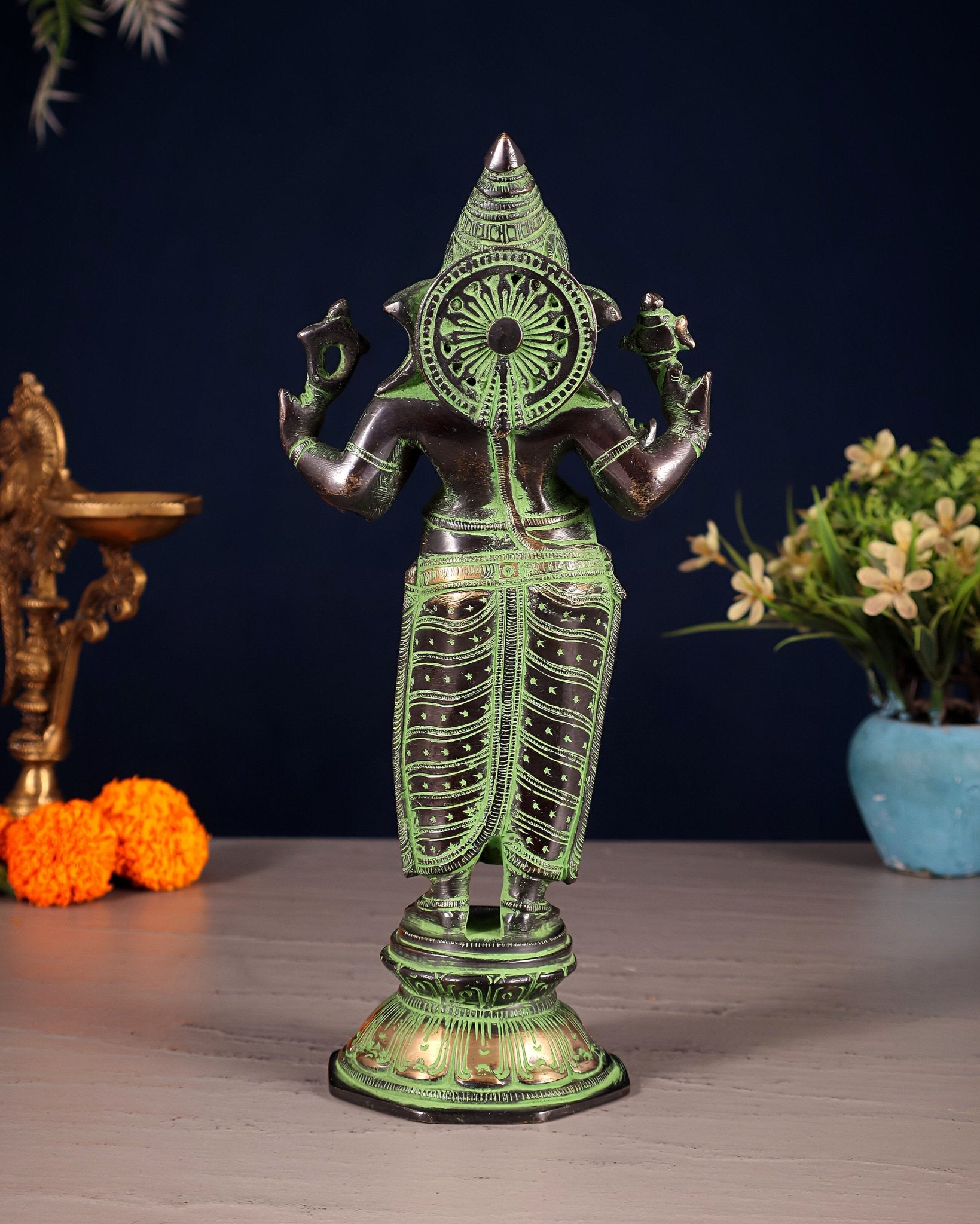 Brass Standing Ganesha Idol 10" black and green - Budhshiv.com