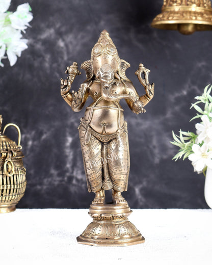 Brass Standing Ganesha Idol 10" matte gold - Budhshiv.com