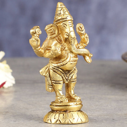 Brass standing ganesha miniature idol 3 inch - Budhshiv.com