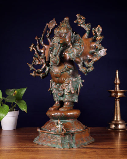 Brass Standing Ganesha Statue with Sixteen Arms - 19" veer ganapathy sculpture - Budhshiv.com