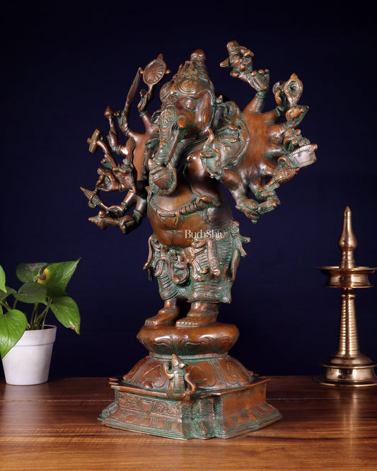 Brass Standing Ganesha Statue with Sixteen Arms - 19" veer ganapathy sculpture - Budhshiv.com