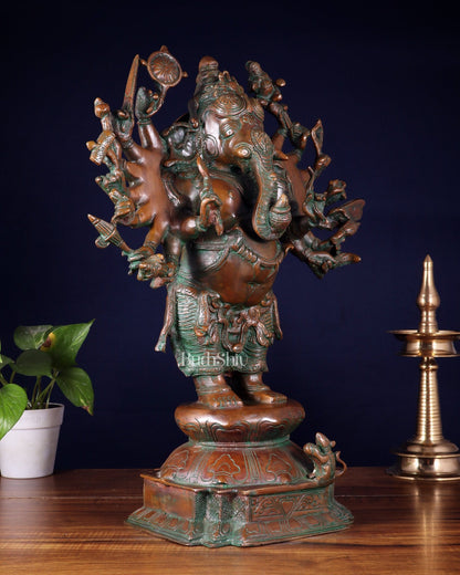 Brass Standing Ganesha Statue with Sixteen Arms - 19" veer ganapathy sculpture - Budhshiv.com
