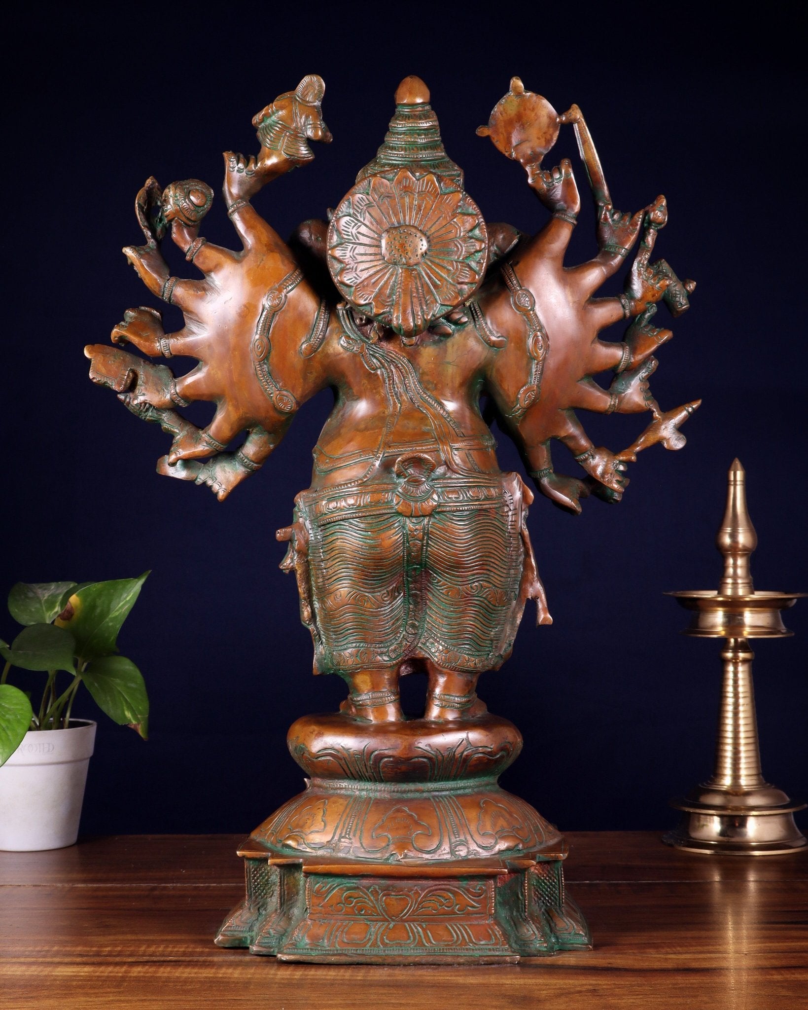 Brass Standing Ganesha Statue with Sixteen Arms - 19" veer ganapathy sculpture - Budhshiv.com