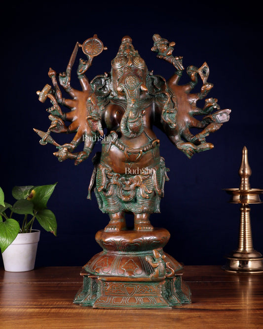 Brass Standing Ganesha Statue with Sixteen Arms - 19" veer ganapathy sculpture - Budhshiv.com