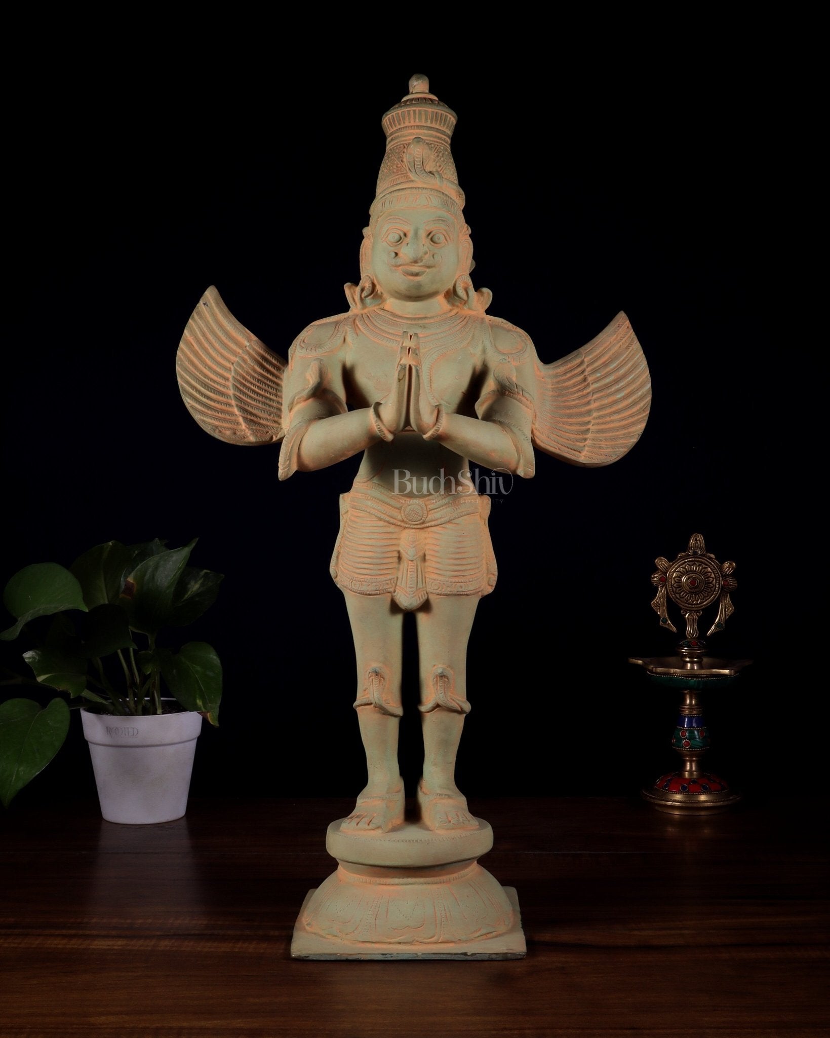 Brass Standing Garuda Dev Statue - 22 Inch Green sand patina - Budhshiv.com