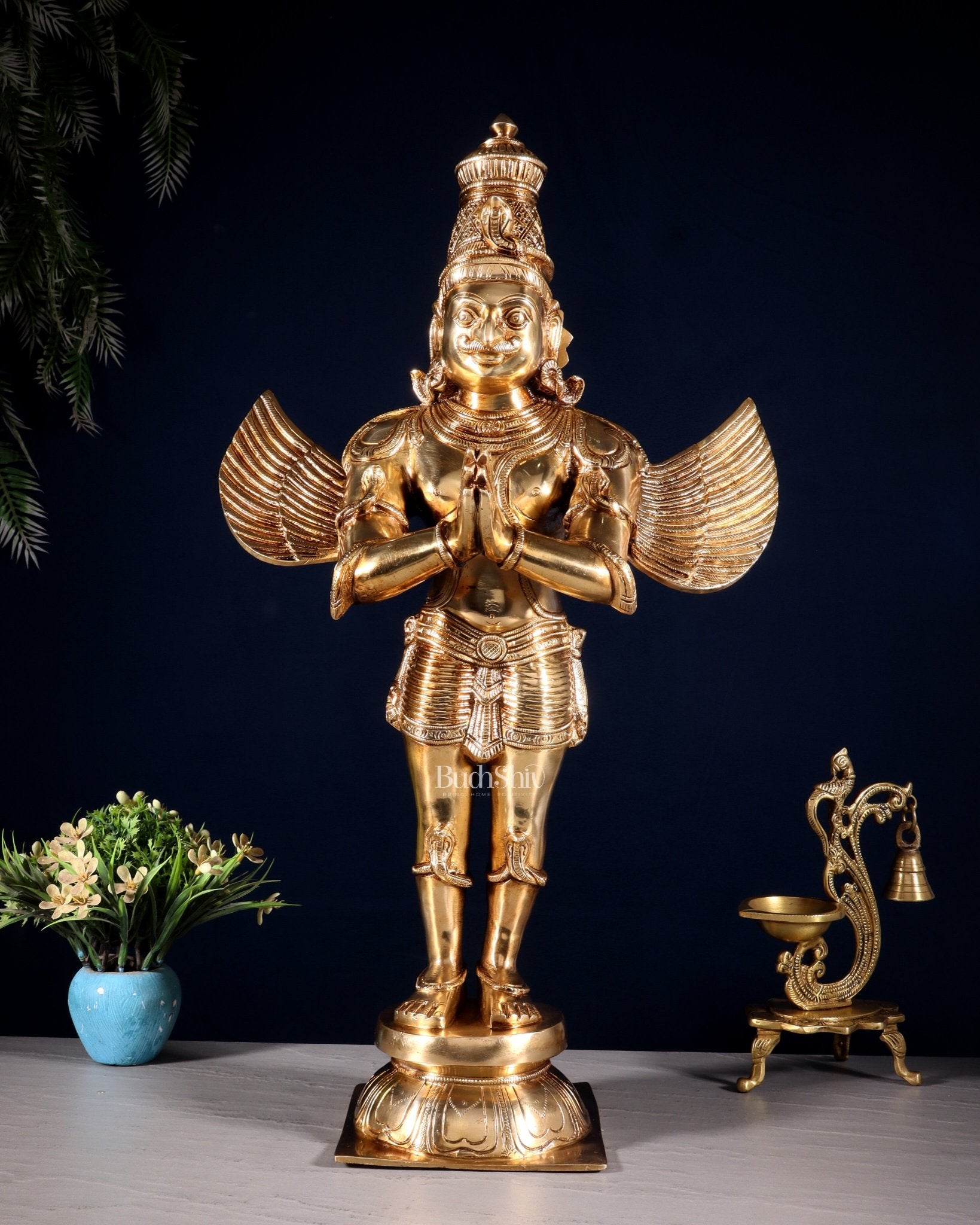 Brass Standing Garuda Dev Statue - Golden Finish, 22" Tall, 11 kg - Budhshiv.com