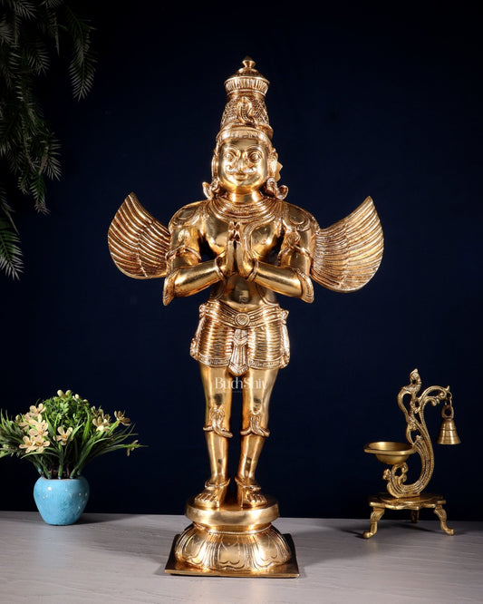Brass Standing Garuda Dev Statue - Golden Finish, 22" Tall, 11 kg - Budhshiv.com