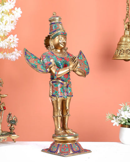 Brass standing Garuda Statue with Meenakari , 22" Tall - Budhshiv.com