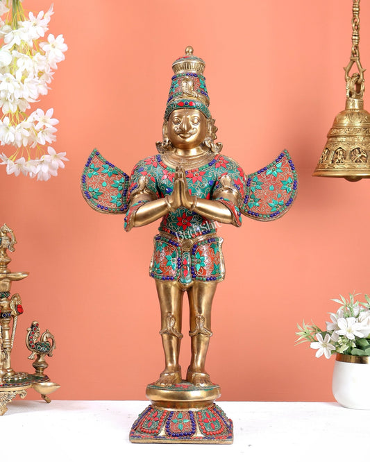 Brass standing Garuda Statue with Meenakari , 22" Tall - Budhshiv.com