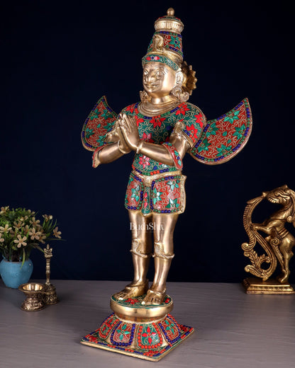 Brass standing Garuda Statue with Meenakari , 22" Tall - Budhshiv.com