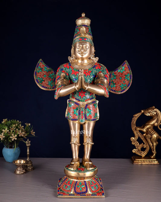Brass standing Garuda Statue with Meenakari , 22" Tall - Budhshiv.com