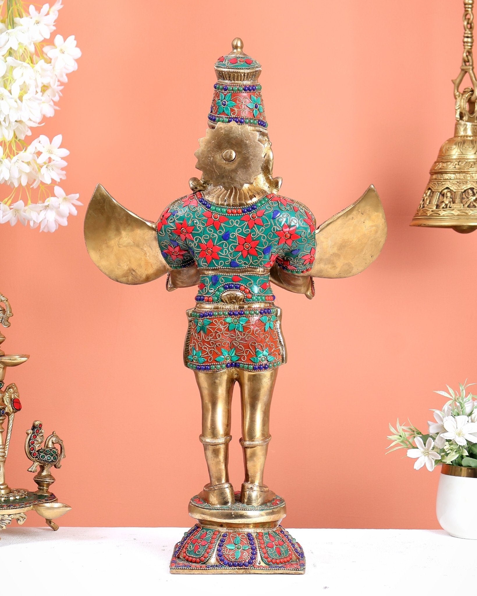 Brass standing Garuda Statue with Meenakari , 22" Tall - Budhshiv.com