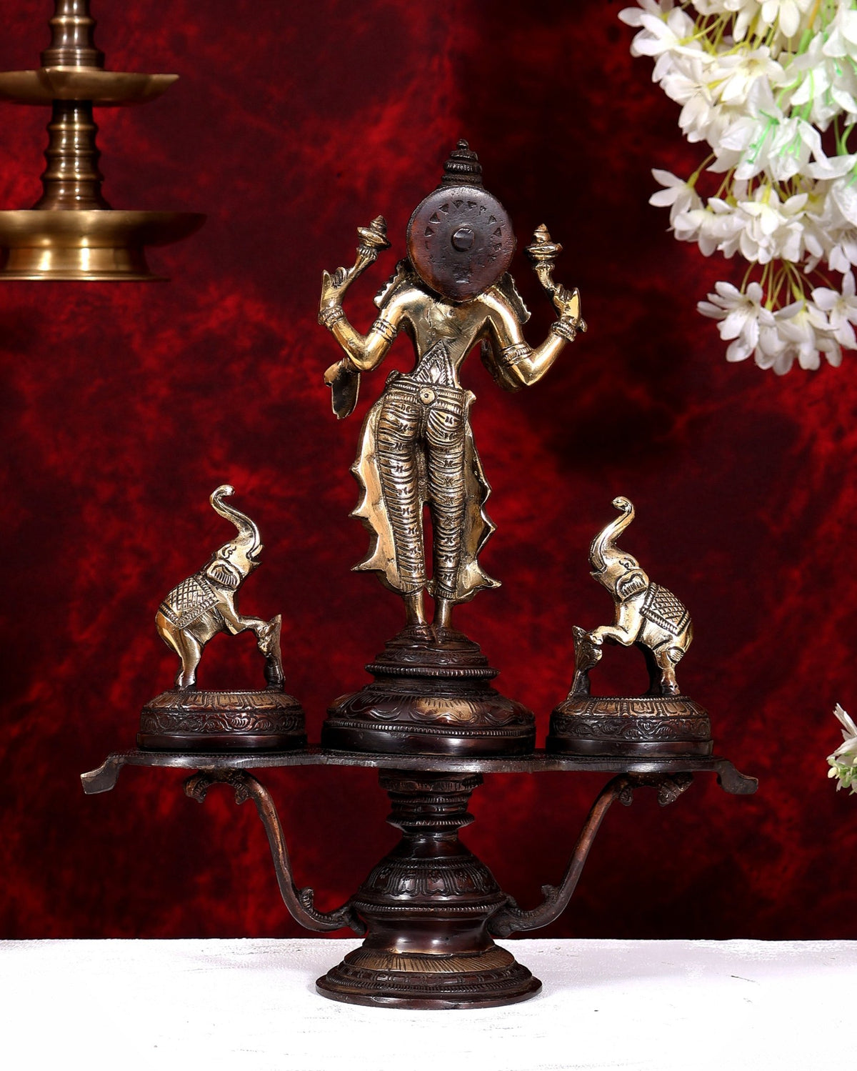 Brass standing Goddess Lakshmi with Two Elephants — Gajalakshmi Masterpiece 14.5 inch dual tone - Budhshiv.com