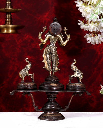 Brass standing Goddess Lakshmi with Two Elephants — Gajalakshmi Masterpiece 14.5 inch dual tone - Budhshiv.com