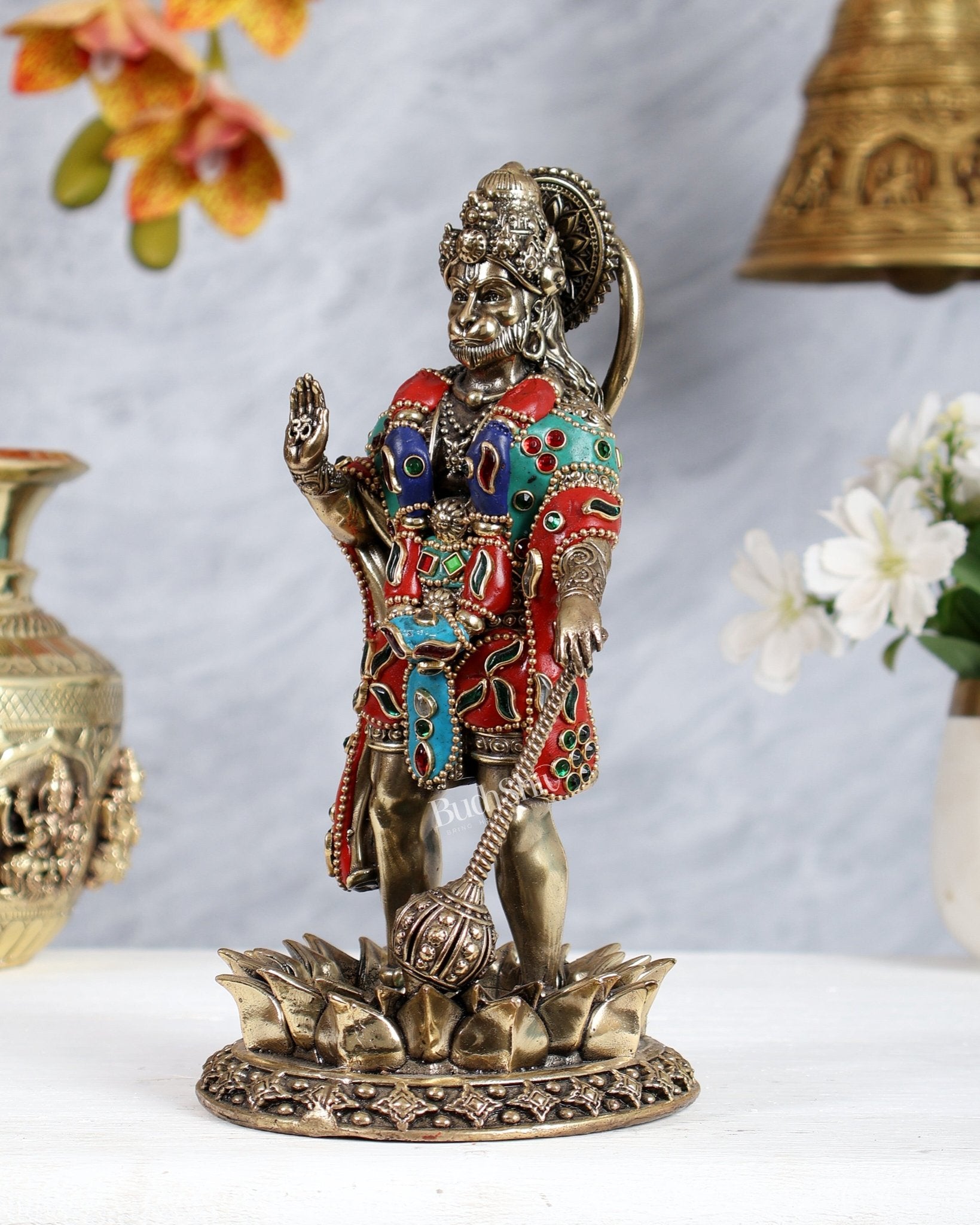 Brass Standing Hanuman Idol – Superfine Carvings 8 inch with meenakari - Budhshiv.com