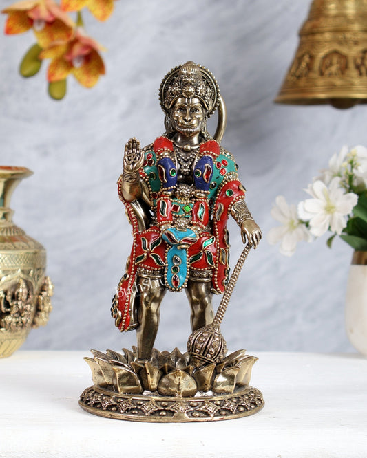 Brass Standing Hanuman Idol – Superfine Carvings 8 inch with meenakari - Budhshiv.com