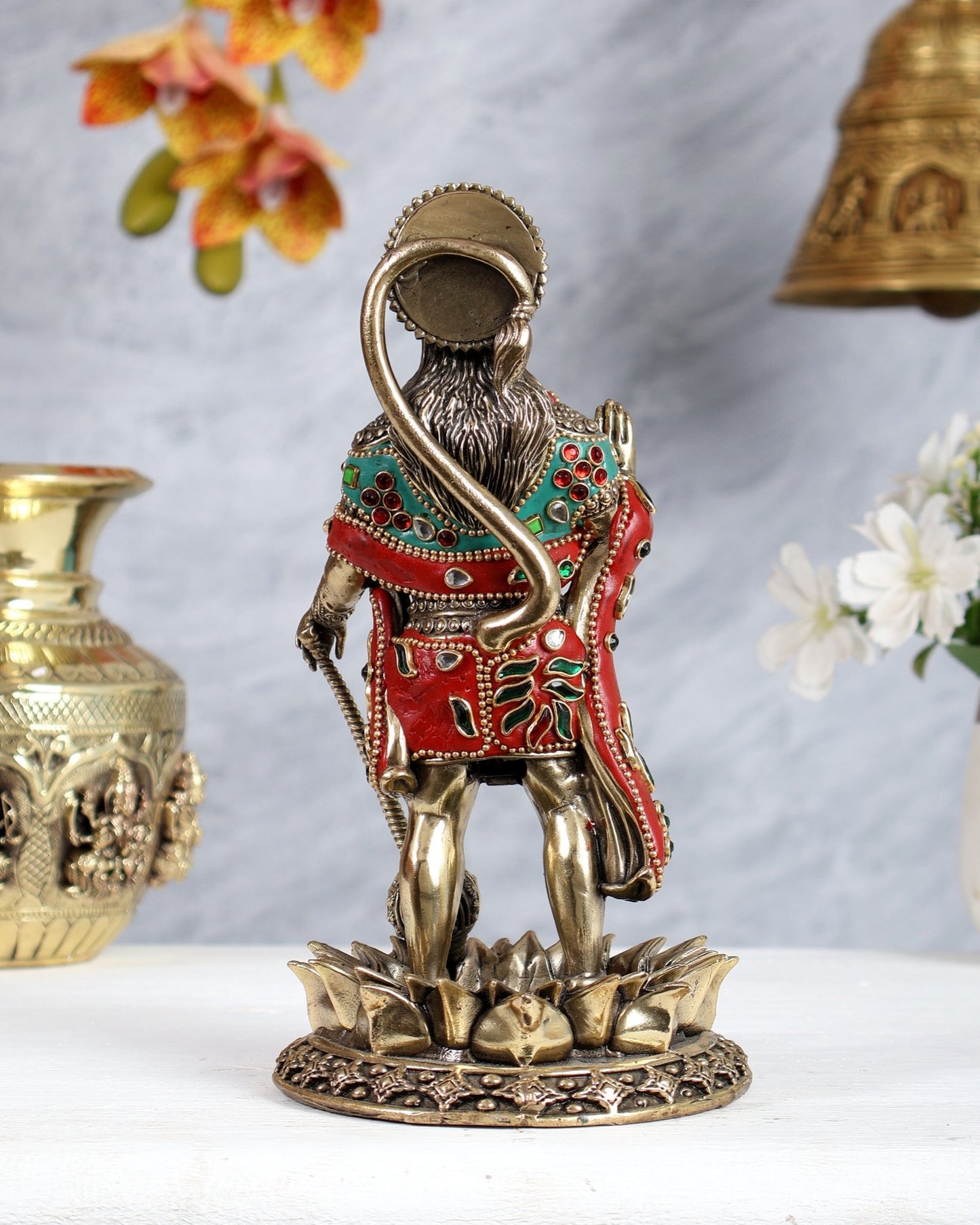 Brass Standing Hanuman Idol – Superfine Carvings 8 inch with meenakari - Budhshiv.com