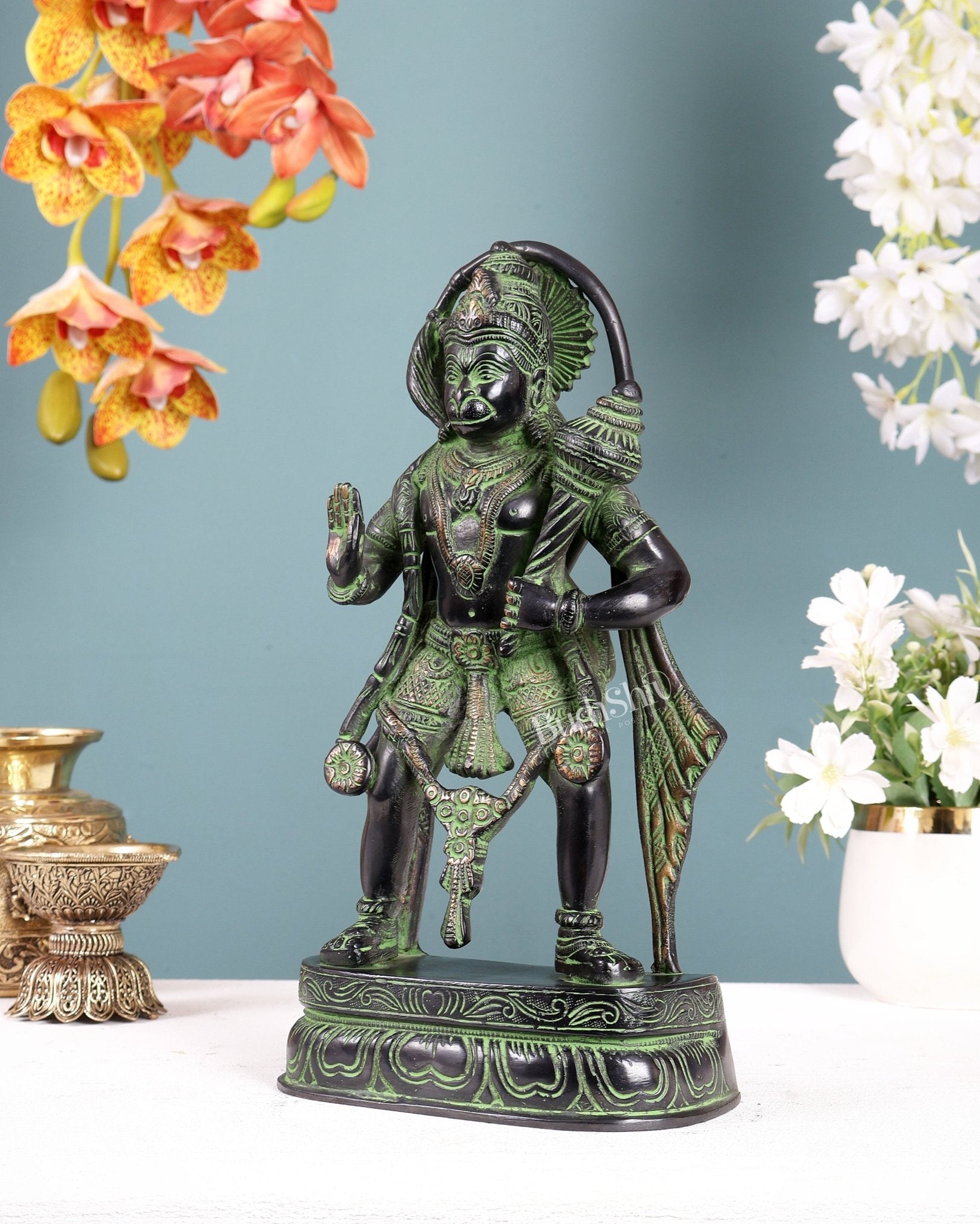 Brass Standing Hanuman Jaku style Black and green finish 11 inch - Budhshiv.com