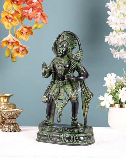 Brass Standing Hanuman Jaku style Black and green finish 11 inch - Budhshiv.com