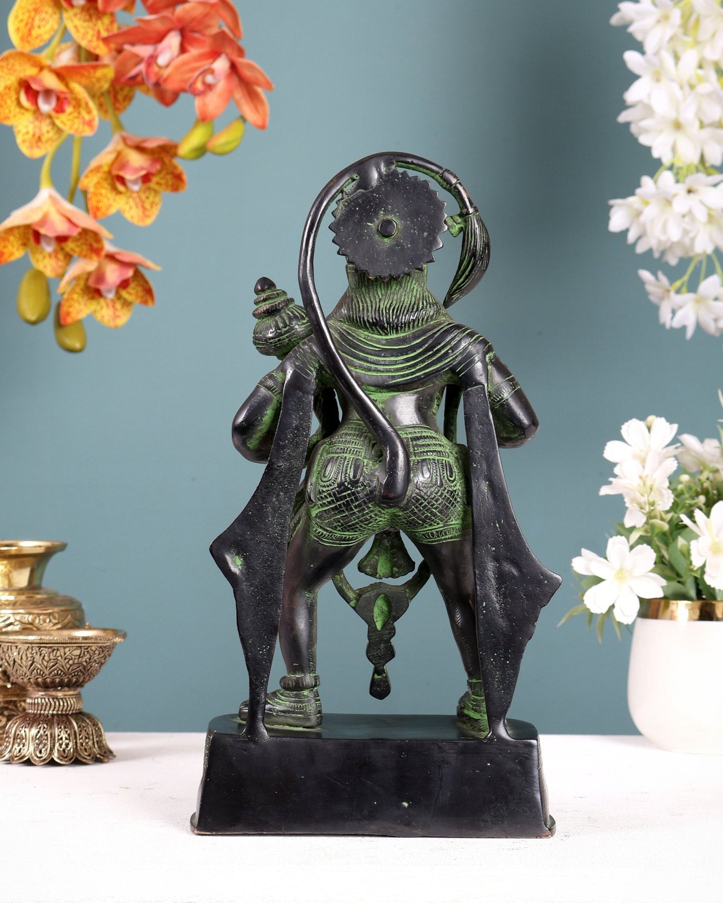Brass Standing Hanuman Jaku style Black and green finish 11 inch - Budhshiv.com