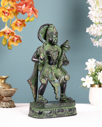 Brass Standing Hanuman Jaku style Black and green finish 11 inch - Budhshiv.com