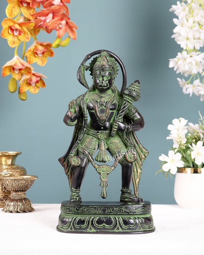 Brass Standing Hanuman Jaku style Black and green finish 11 inch - Budhshiv.com