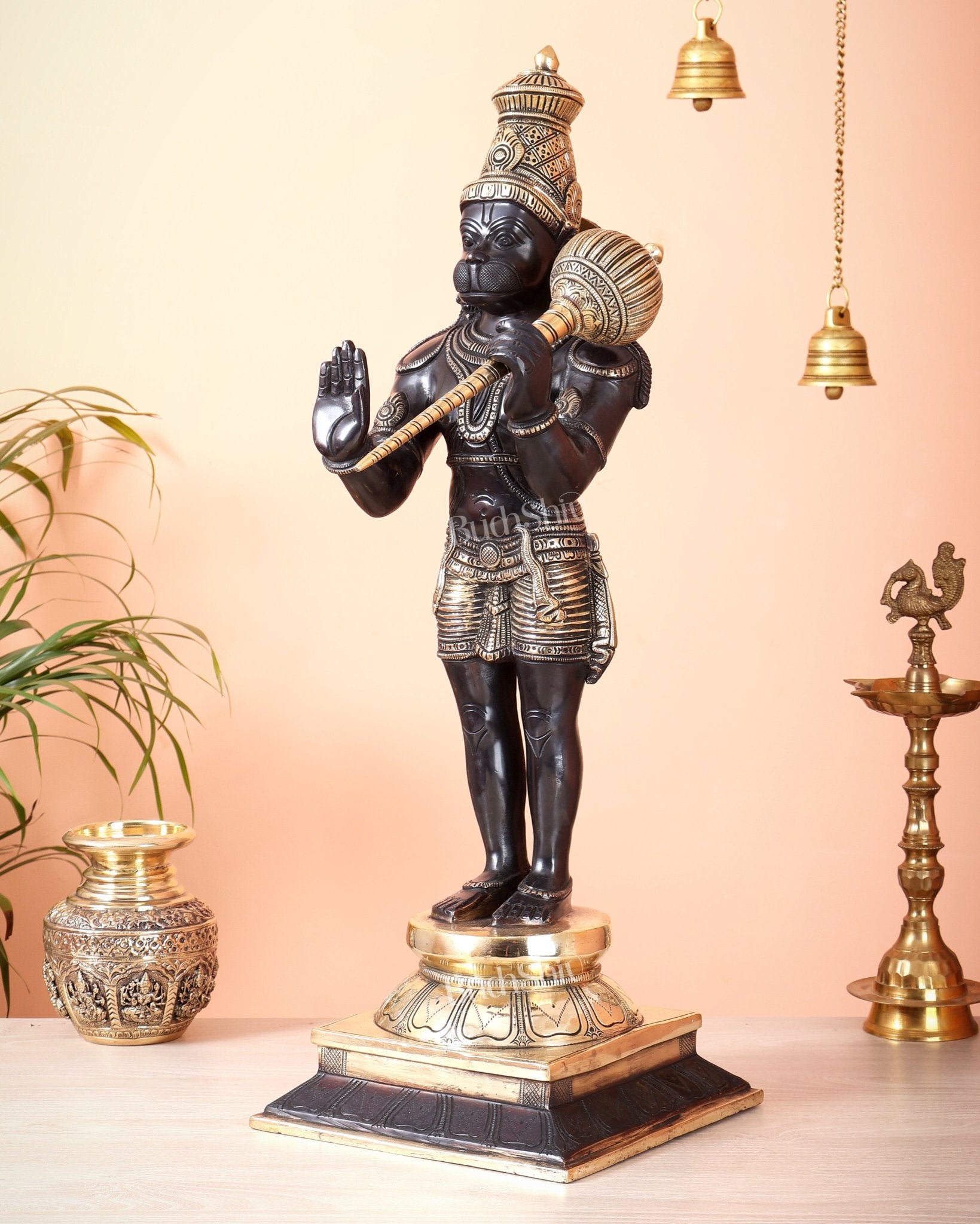 Brass Standing Hanuman Statue Blessing Mudra Black Edition | 23 Inch Idol - Budhshiv.com
