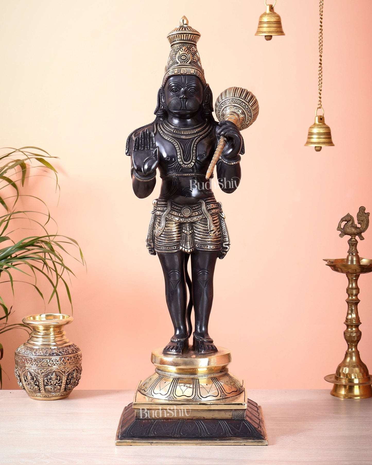 Brass Standing Hanuman Statue Blessing Mudra Black Edition | 23 Inch Idol - Budhshiv.com
