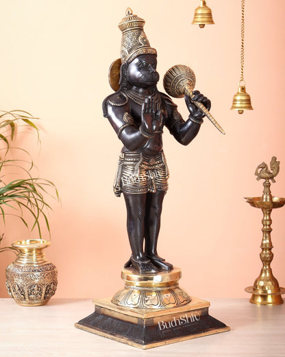 Brass Standing Hanuman Statue Blessing Mudra Black Edition | 23 Inch Idol - Budhshiv.com