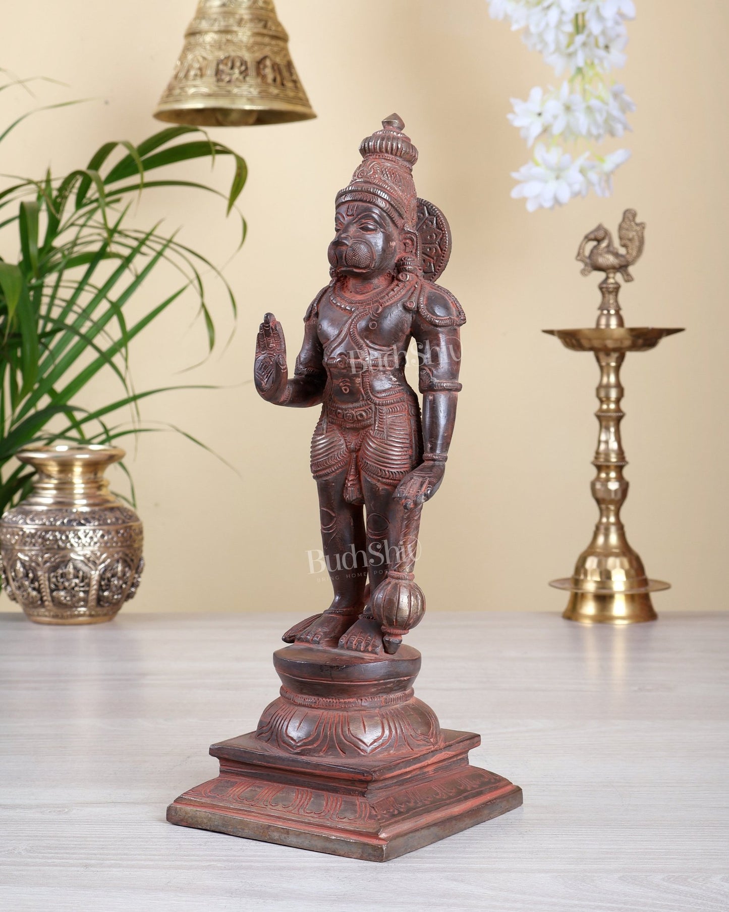 Brass Standing Hanuman Statue – Red & Silver Sand Finish | 12 Inch Idol - Budhshiv.com