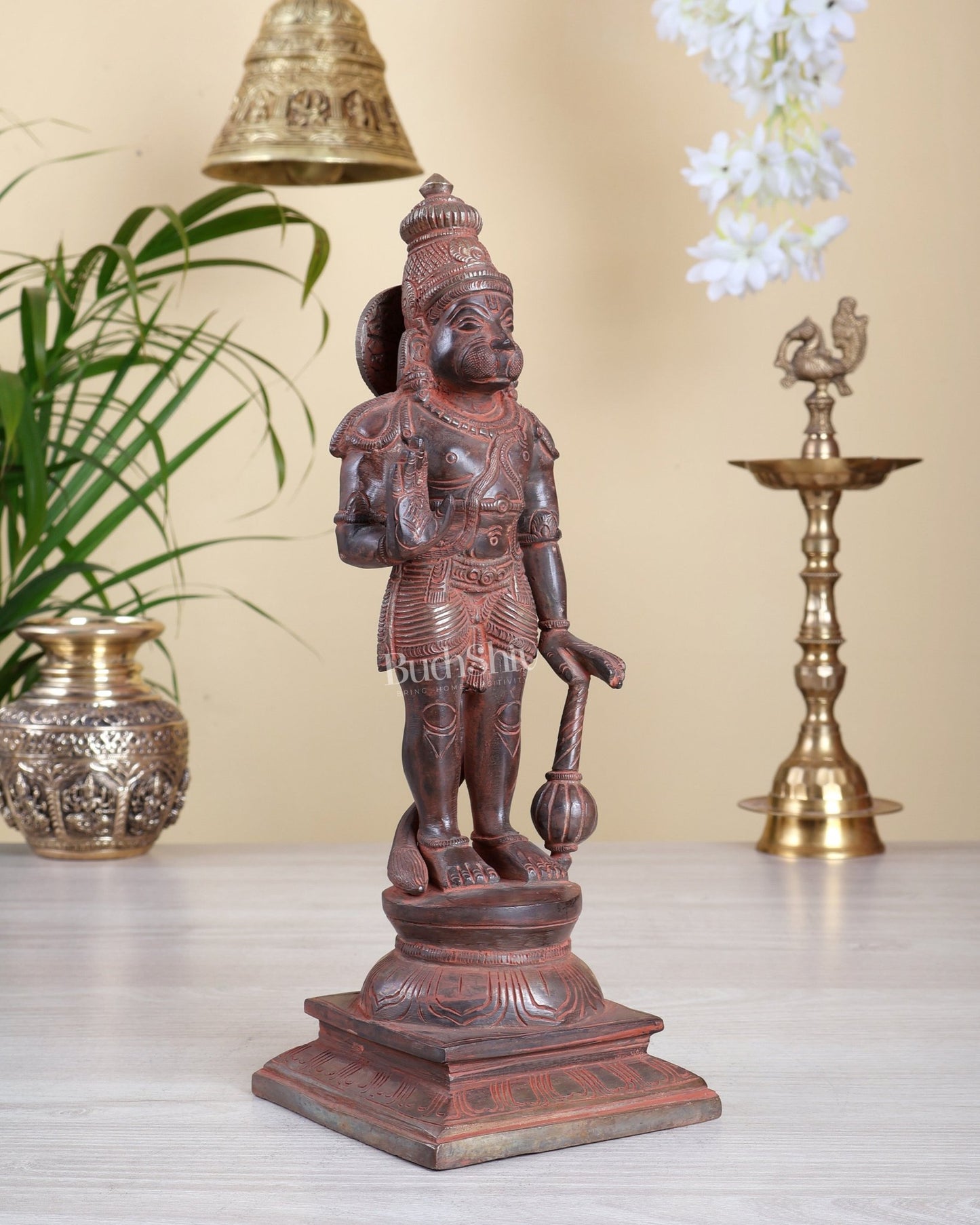 Brass Standing Hanuman Statue – Red & Silver Sand Finish | 12 Inch Idol - Budhshiv.com