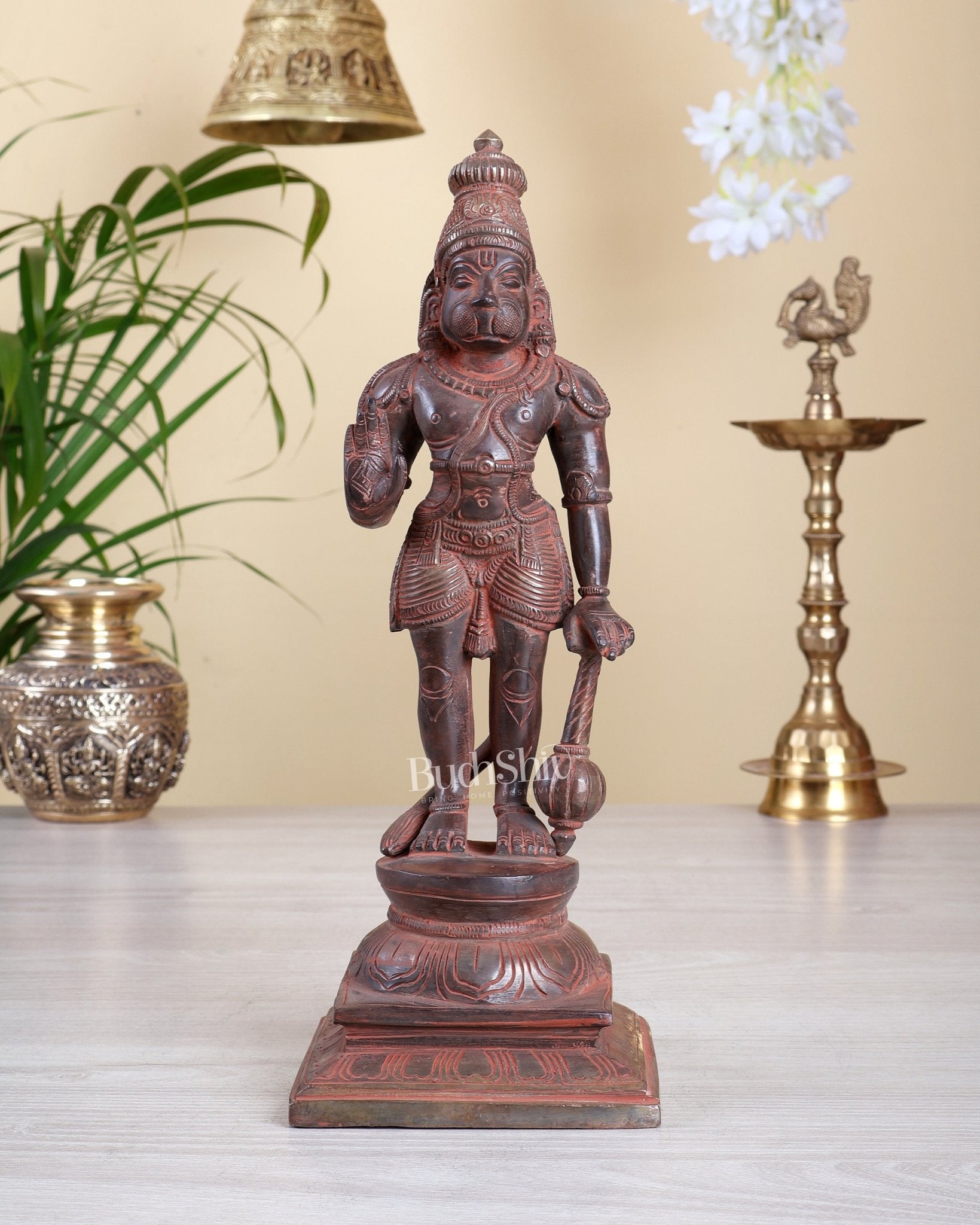Brass Standing Hanuman Statue – Red & Silver Sand Finish | 12 Inch Idol - Budhshiv.com