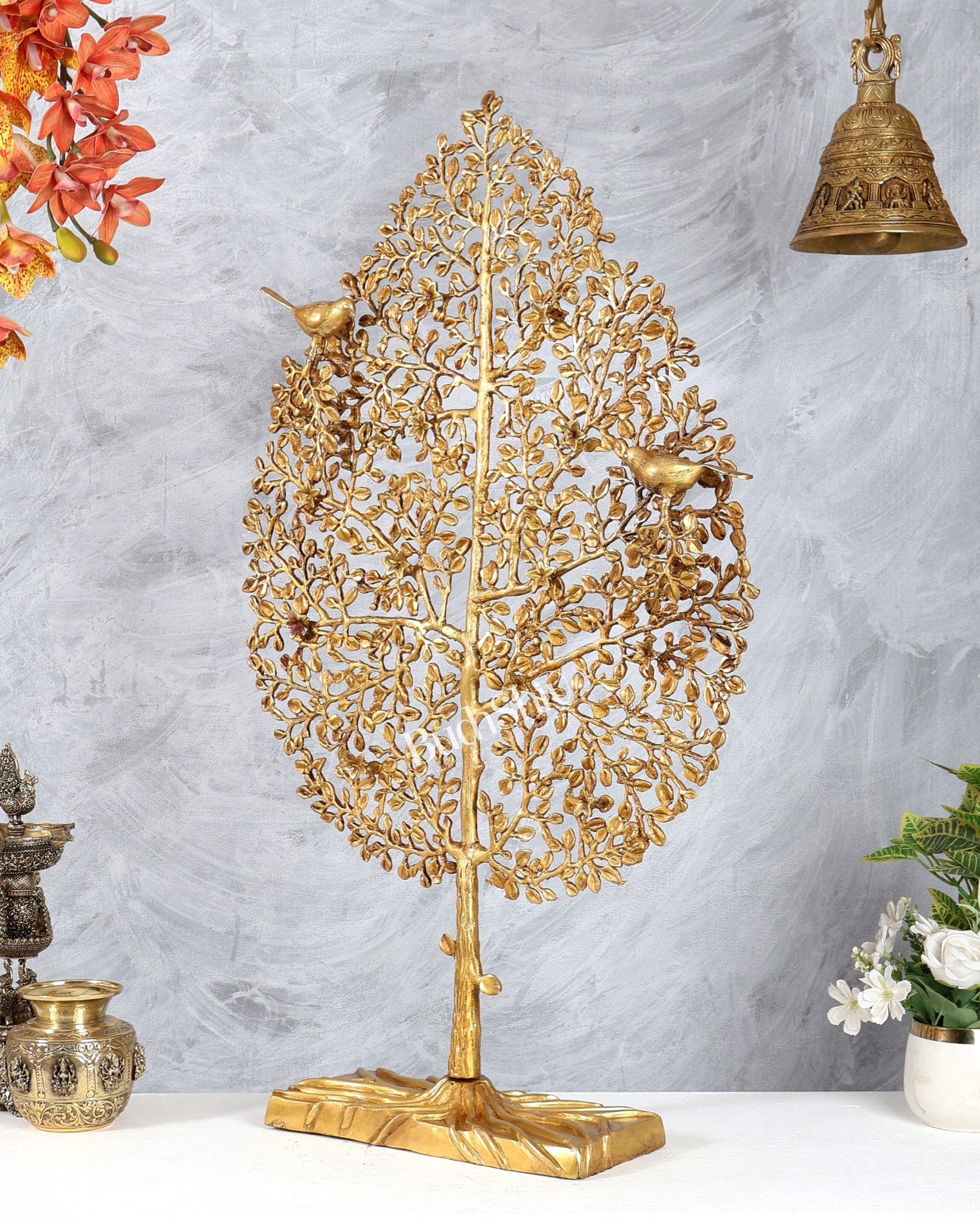 Brass Standing Kalpavriksha Tree of Life – Unique Decorative Sculpture (34.5 Inches) - Budhshiv.com