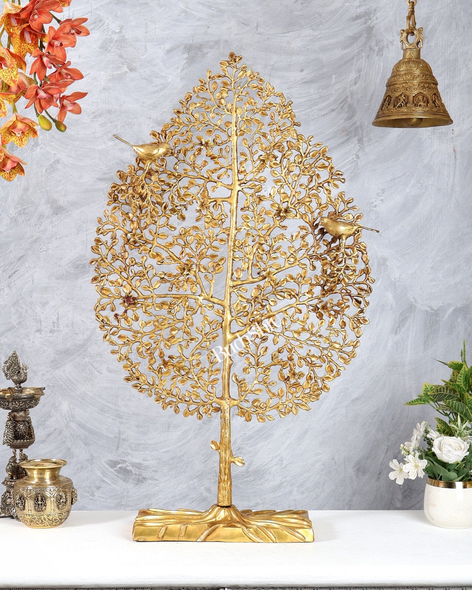 Brass Standing Kalpavriksha Tree of Life – Unique Decorative Sculpture (34.5 Inches) - Budhshiv.com