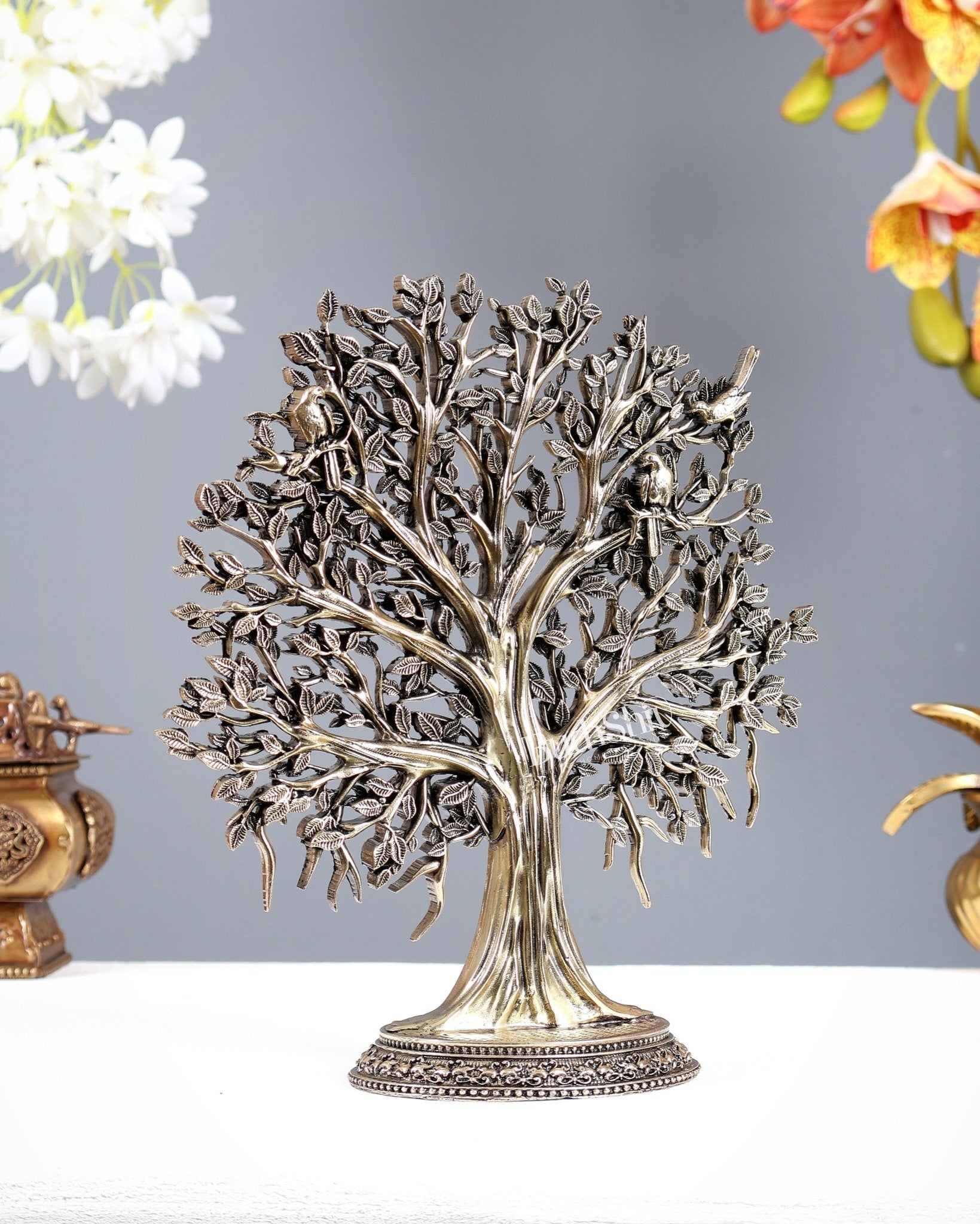 Brass Standing Kalpavriksha Tree – Superfine Carved Divine Sculpture (9 Inches) - Budhshiv.com