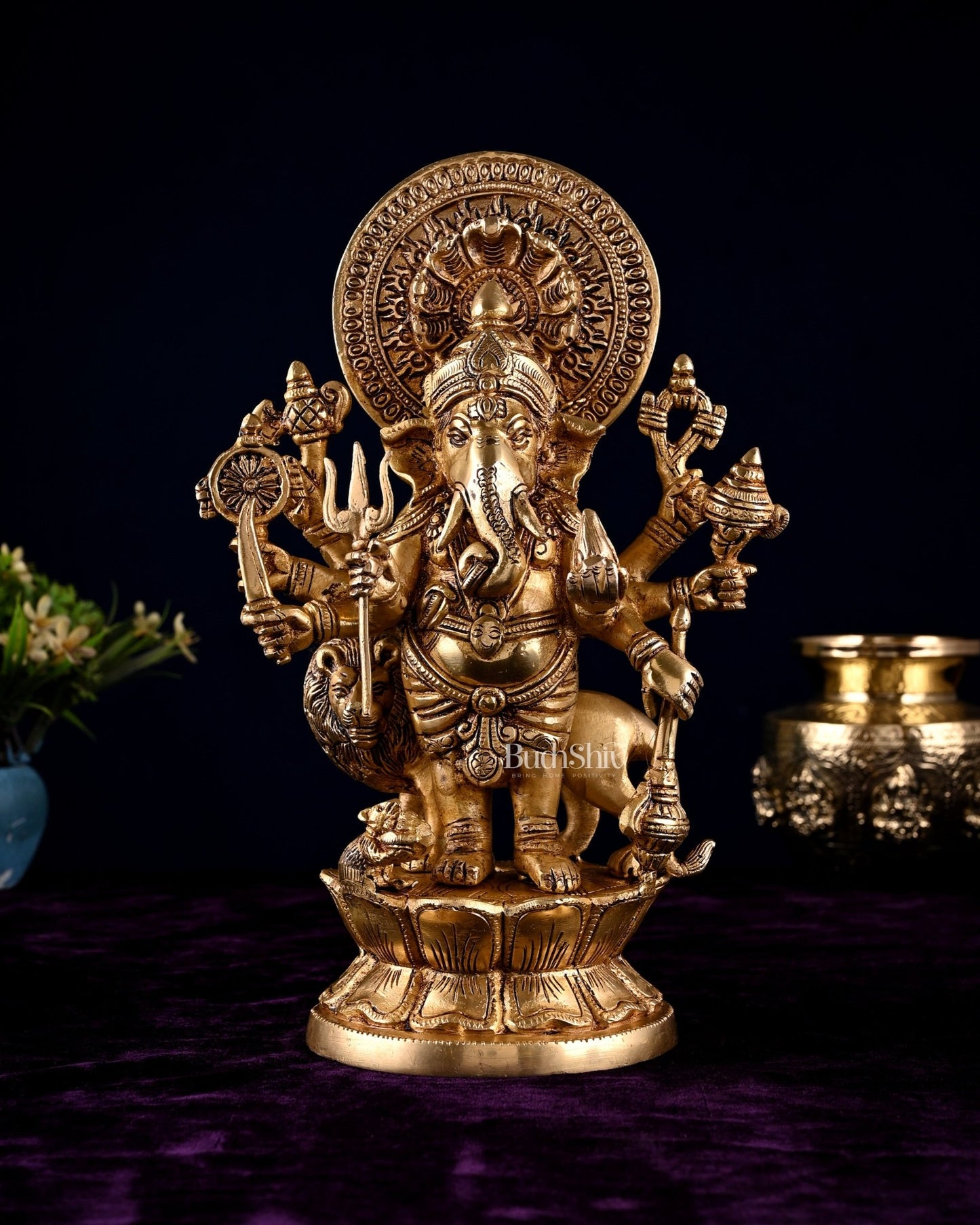 Brass Standing Kana Drishti Ganesha with Eight Arms and Lion 11.4 inch - Budhshiv.com
