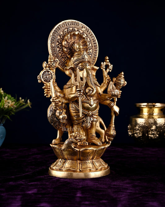 Brass Standing Kana Drishti Ganesha with Eight Arms and Lion 11.4 inch - Budhshiv.com