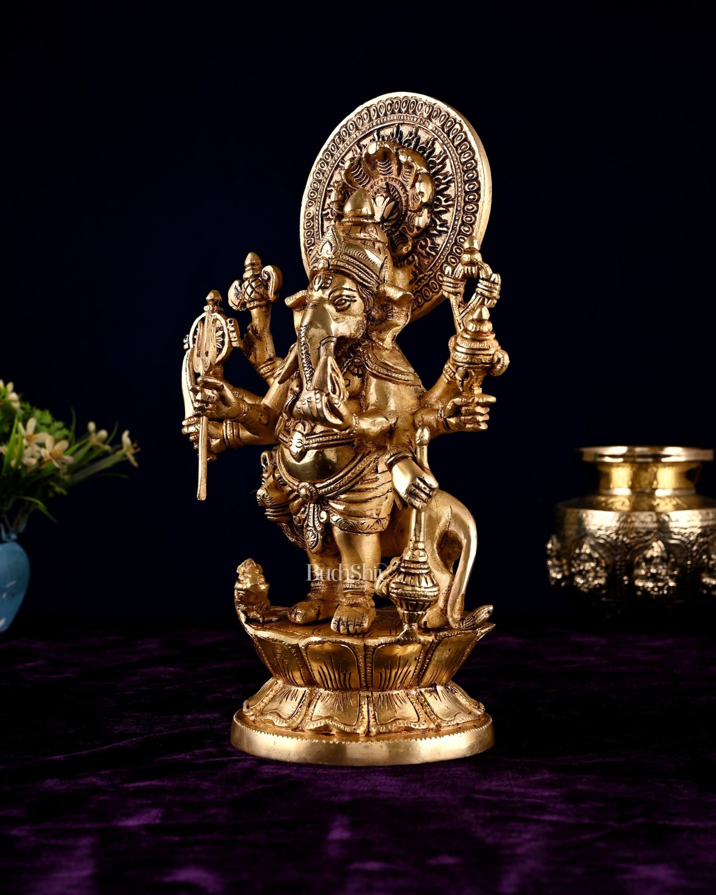 Brass Standing Kana Drishti Ganesha with Eight Arms and Lion 11.4 inch - Budhshiv.com