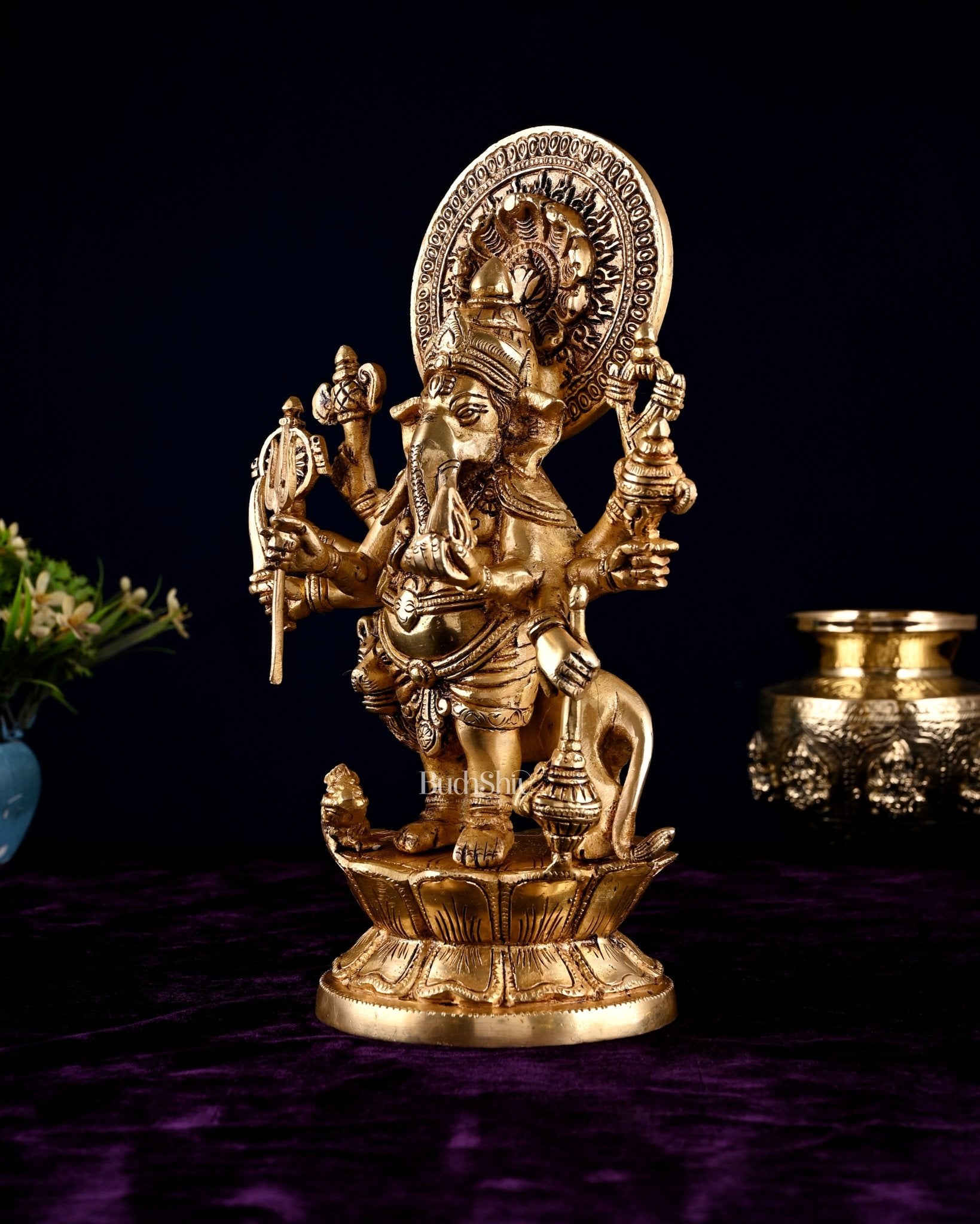 Brass Standing Kana Drishti Ganesha with Eight Arms and Lion 11.4 inch - Budhshiv.com
